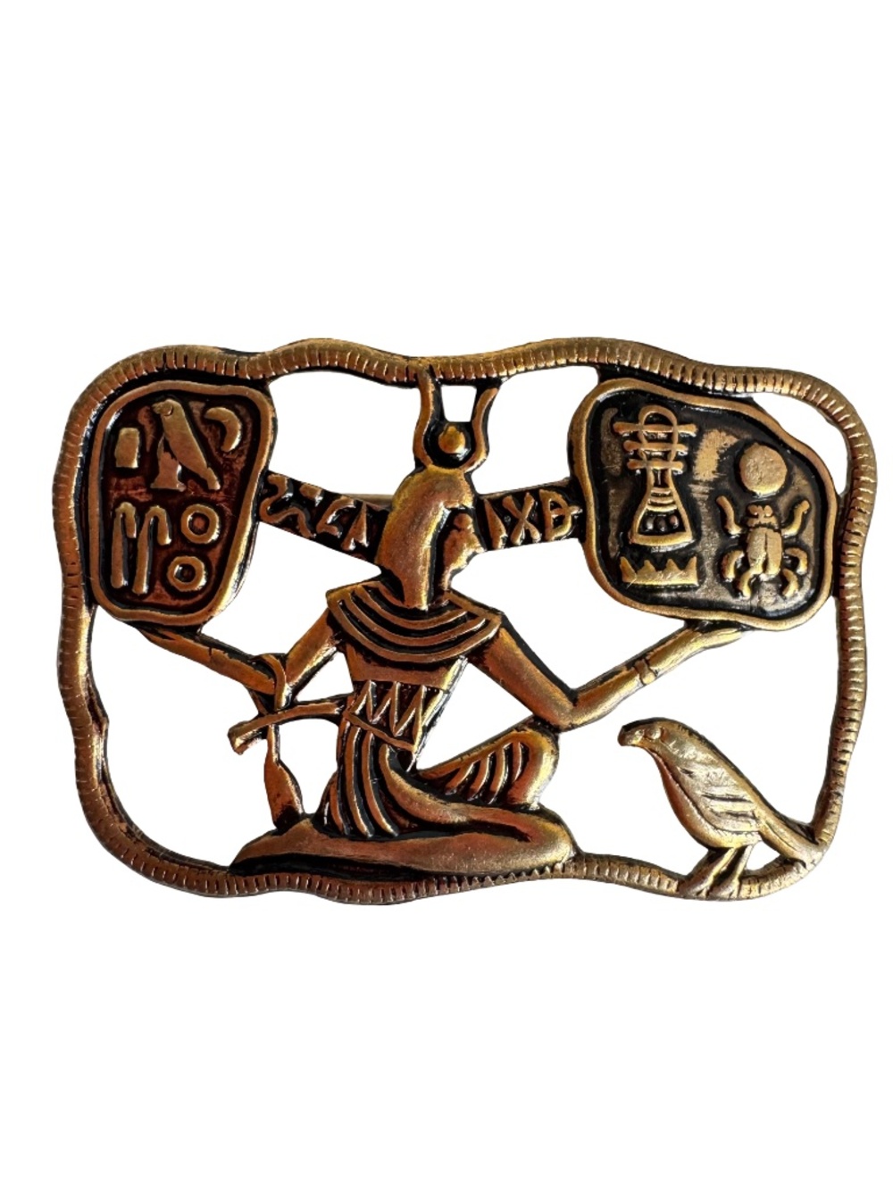 Vintage Egyptian Revival Gold Tone Brooch Hieroglyphic Deity Falcon Wall Relief - Picture 3 of 11